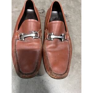 SALVATORE FERRAGAMO Brown Leather Silver Horse Bit Driver Loafer Shoes Size 8.5